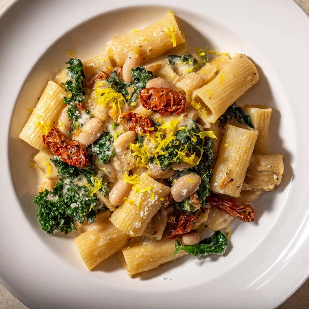 Vibrant, colorful Healthy Tuscan White Bean & Kale Christmas Pasta, ready to serve with Parmesan and a lemon zing.