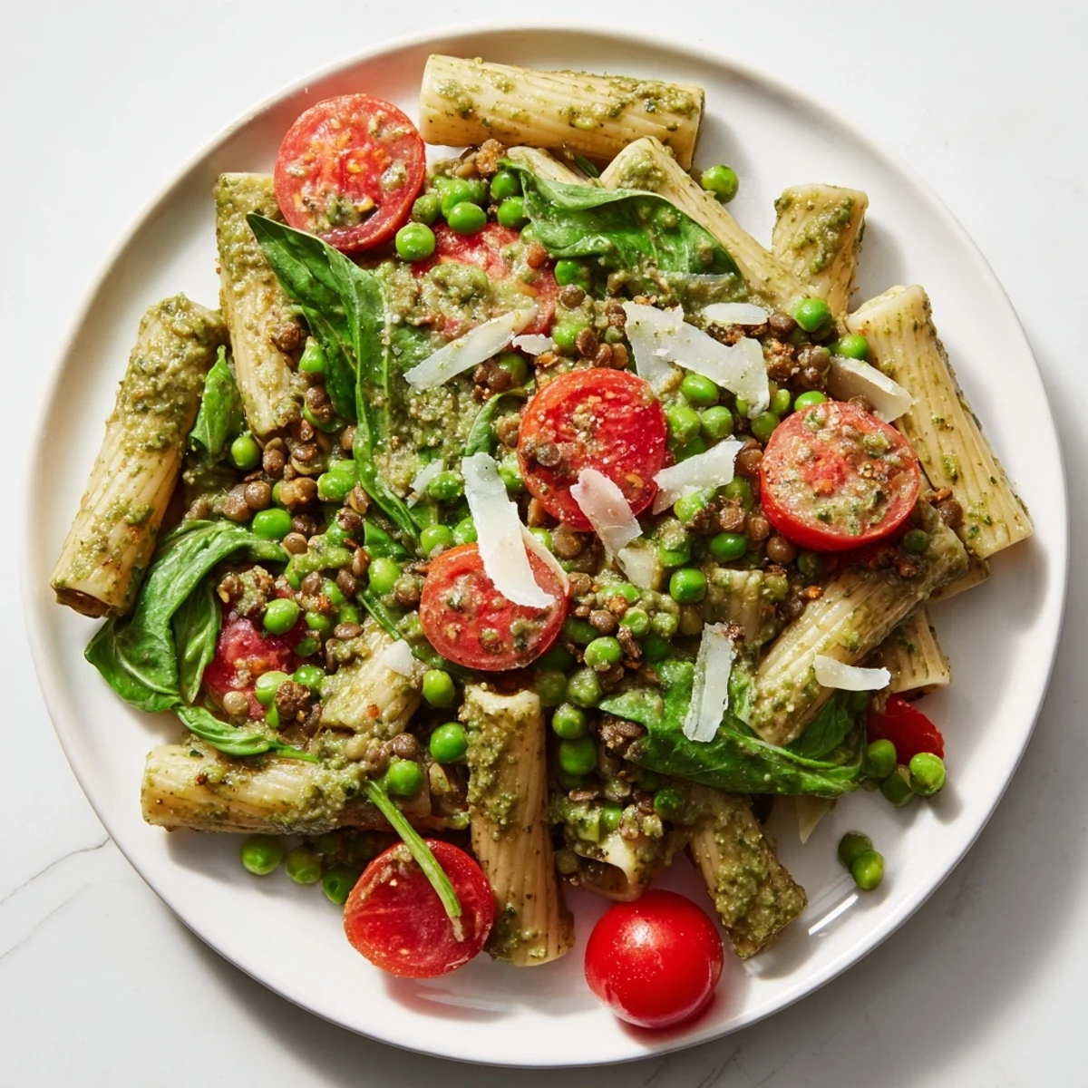 One-Pot Creamy Pesto Protein Pasta: a close-up photo shows creamy pasta, bursting with pesto flavor and fresh veggies.