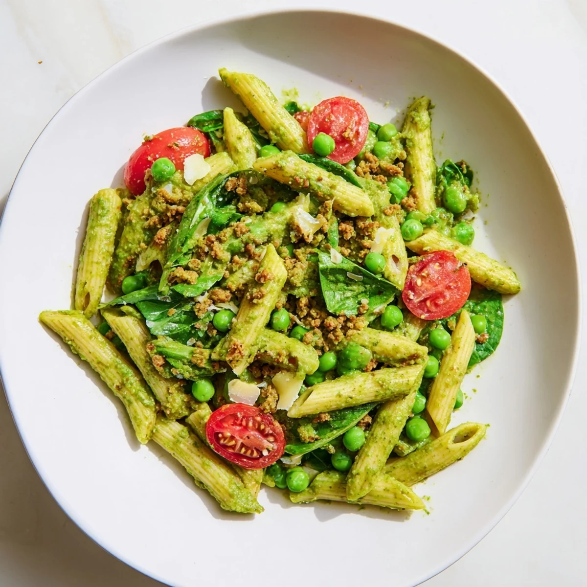 This one-pot creamy pesto pea protein pasta features tender pasta, vibrant green pesto, and a sprinkle of Parmesan.