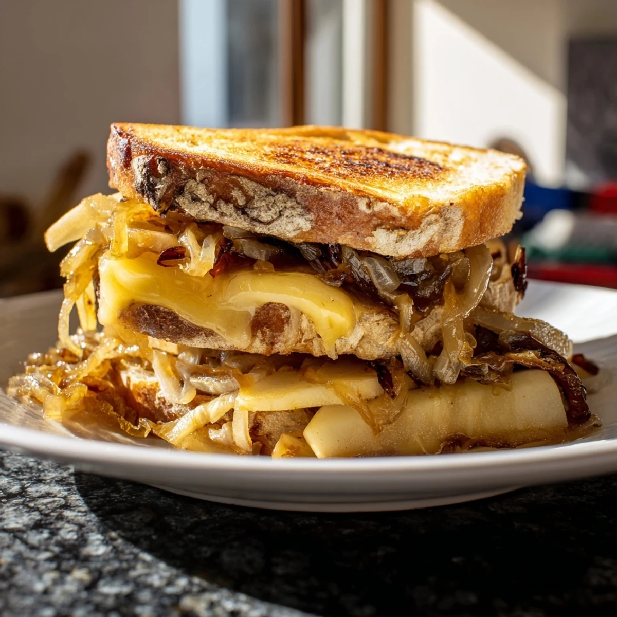 Golden, gooey Caramelized Onion, Apple & Cheddar Grilled Cheese, ready to be sliced and enjoyed.
