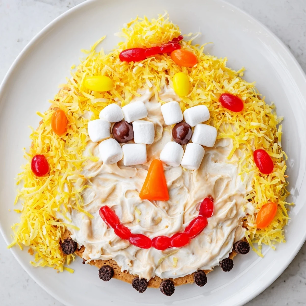 A colorful Scarecrow Candy Platter featuring smiling face and pretzel bow tie, ready to eat!