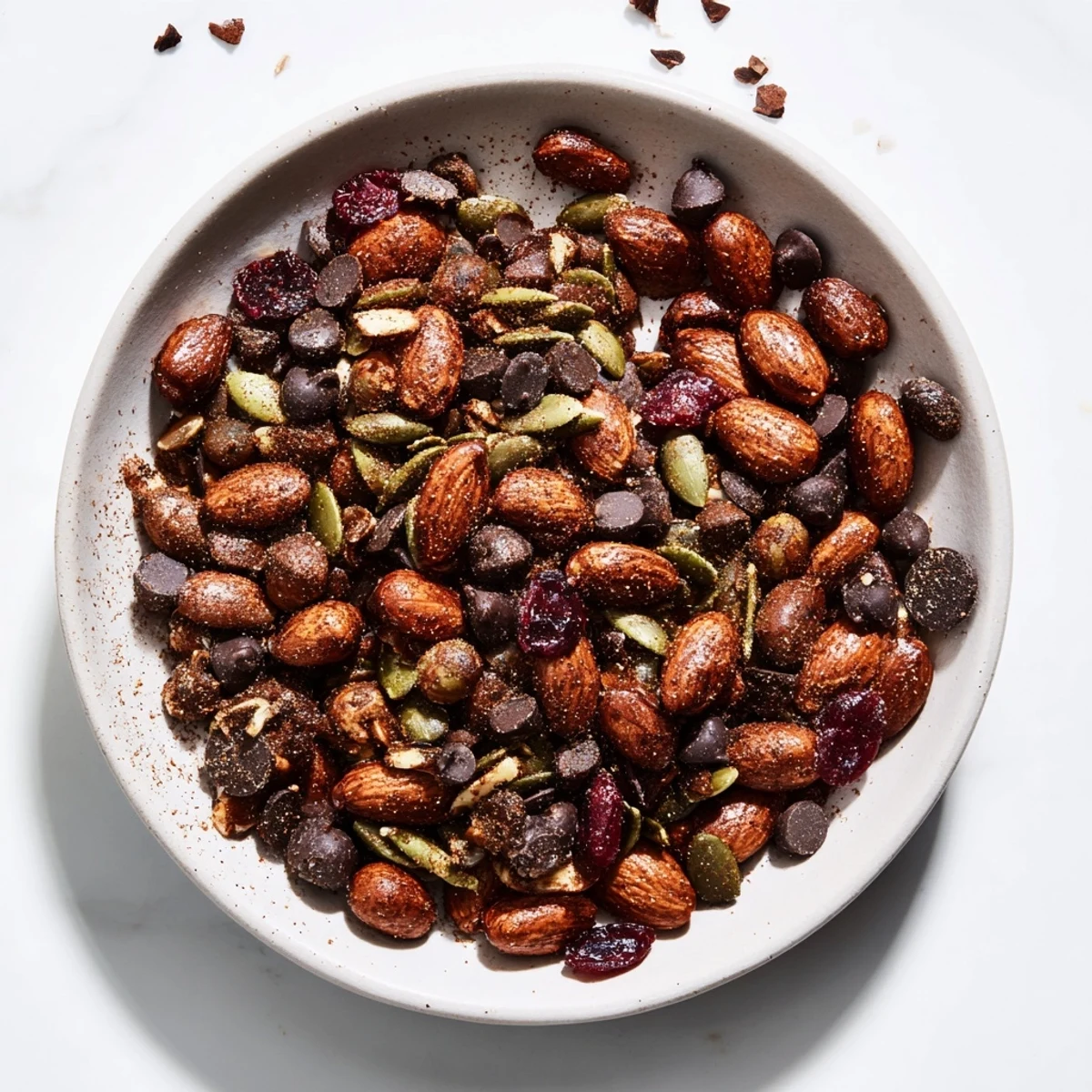 Golden-brown, savory Acorn & Oak Snack Mix with dried cranberries, perfect for snacking.