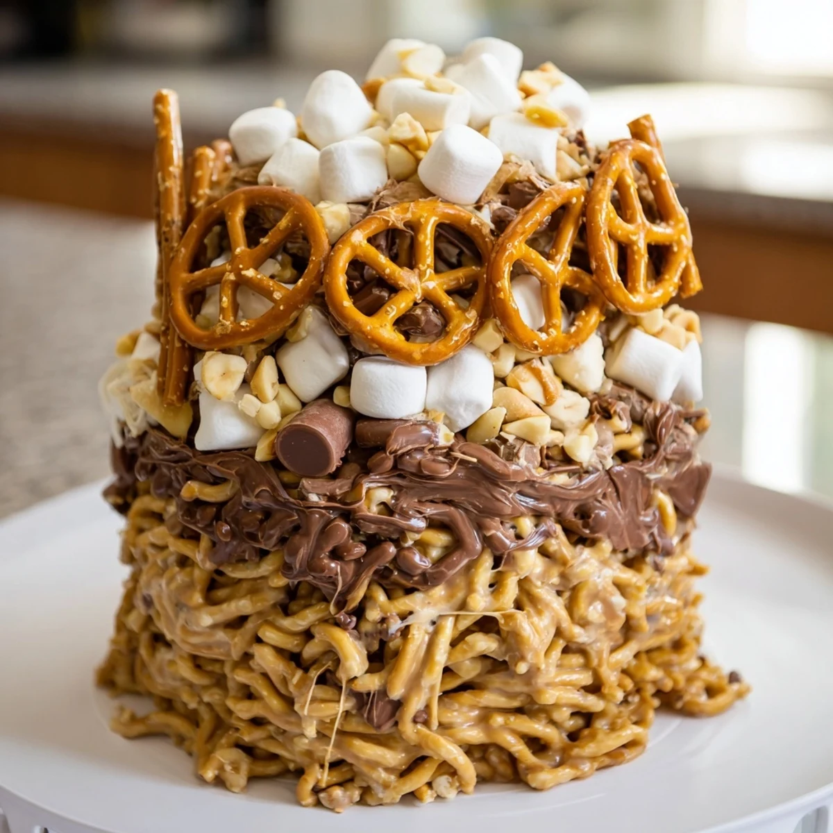 A beautiful, close-up view of the finished Haystack Candy Tower, perfect for sharing and enjoying.