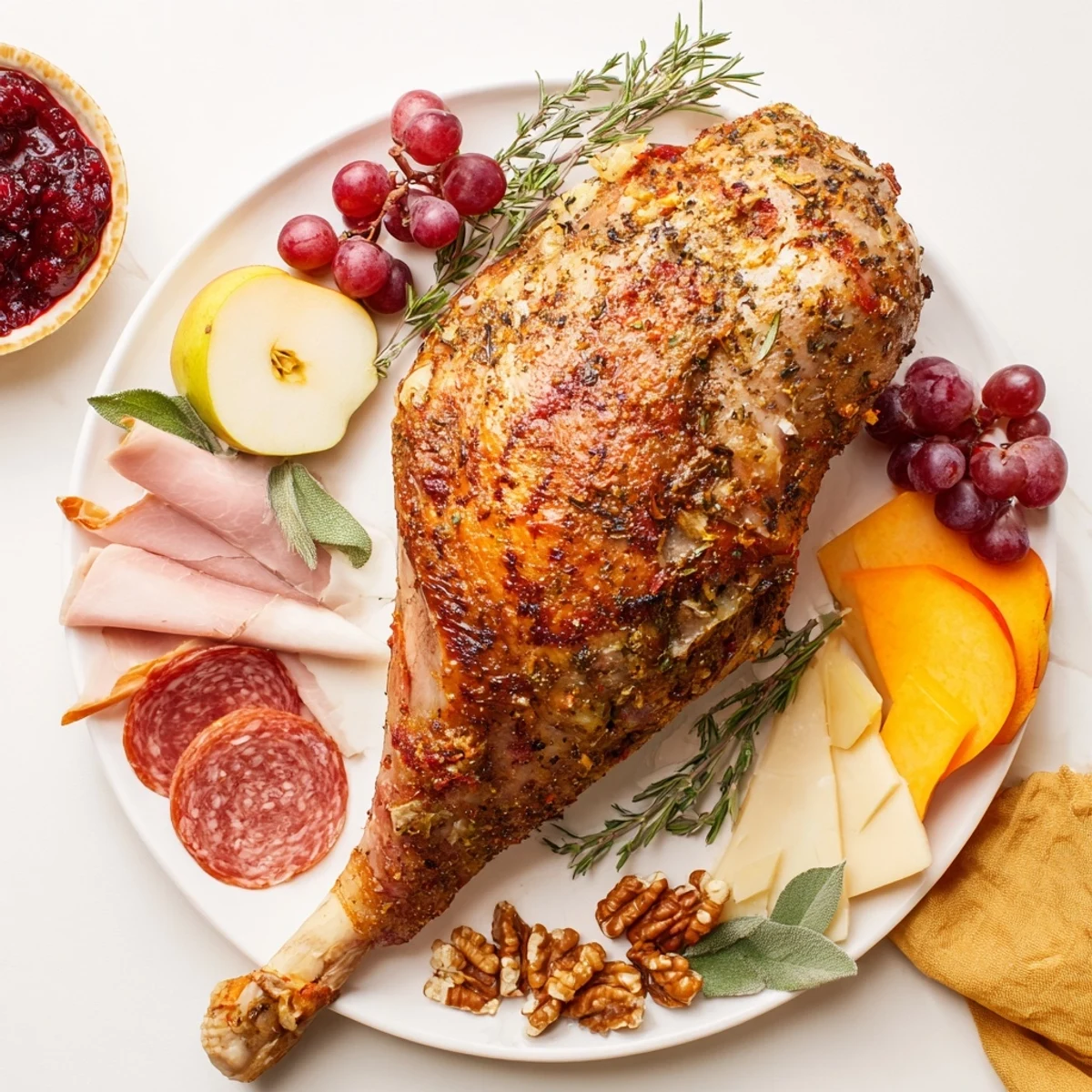 Thanksgiving Turkey Legs charcuterie board with beautifully roasted turkey legs and festive garnishes.