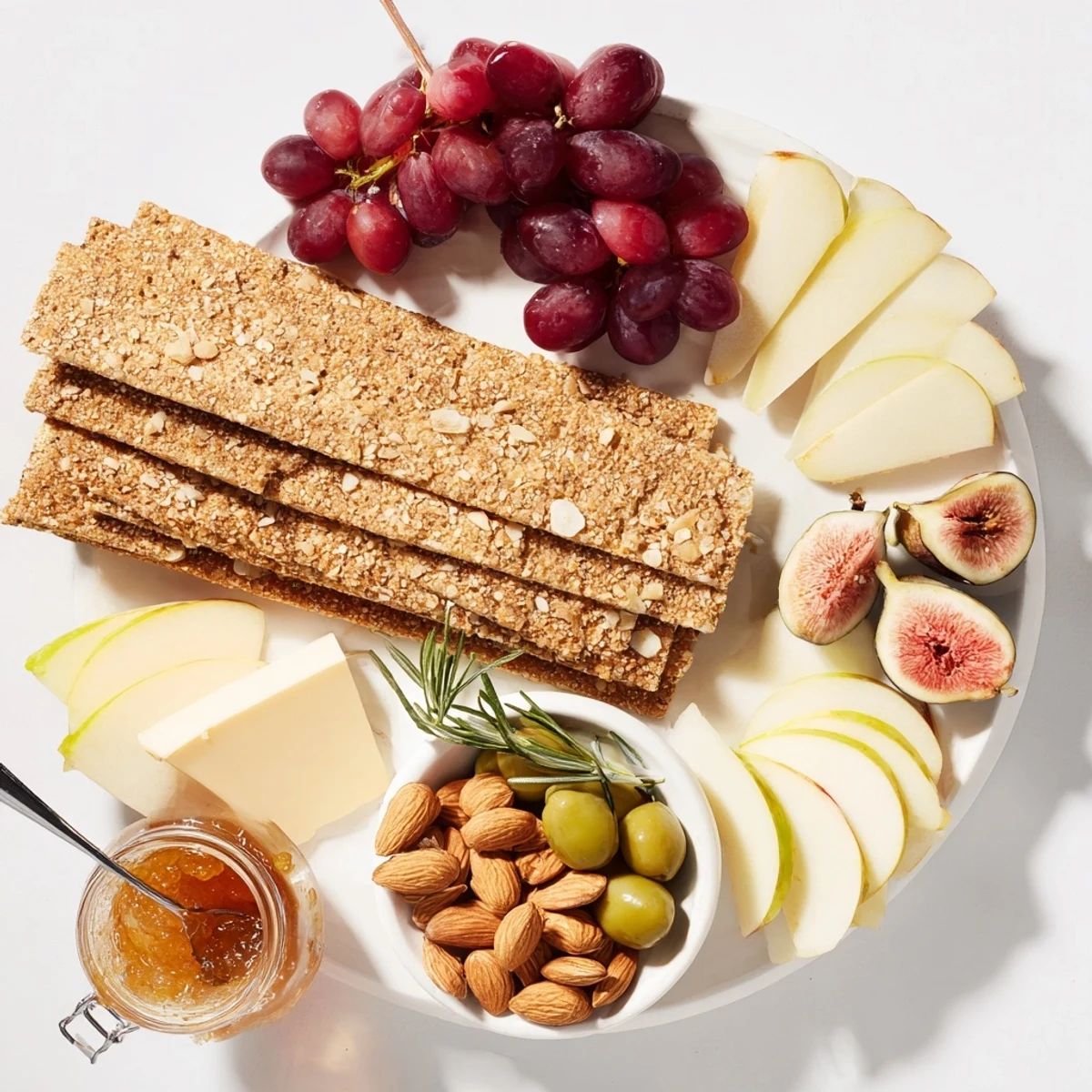 Golden wheat bundle board overflowing with fruits, cheeses, crackers, and olives, a feast for sharing.
