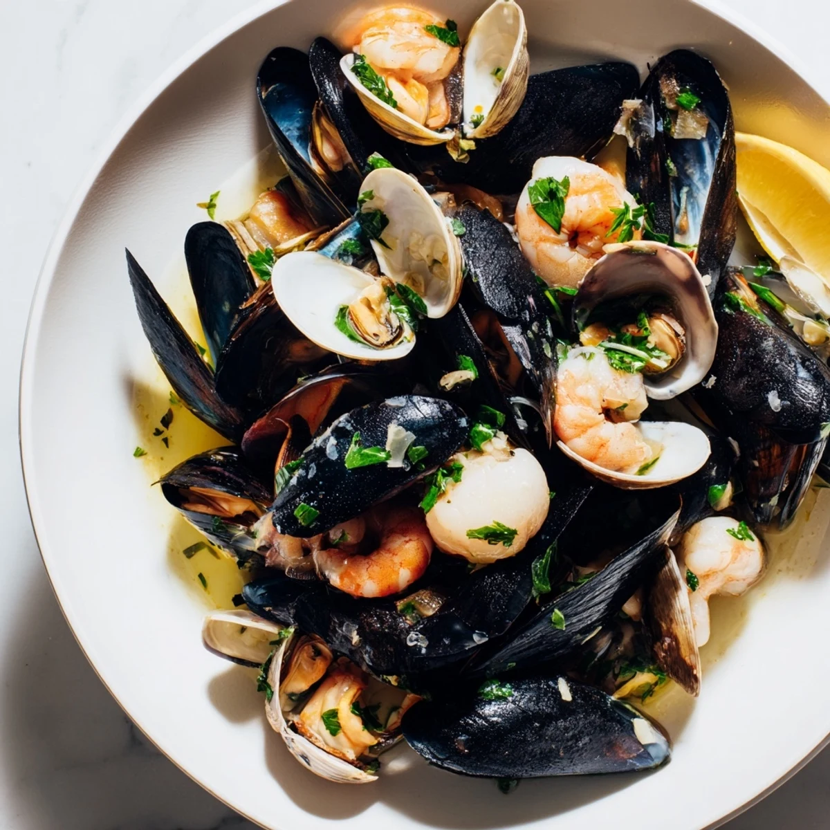 Steaming Shellfish & Seafood Medley overflowing on a plate, a vibrant mix of fresh seafood ready to eat.
