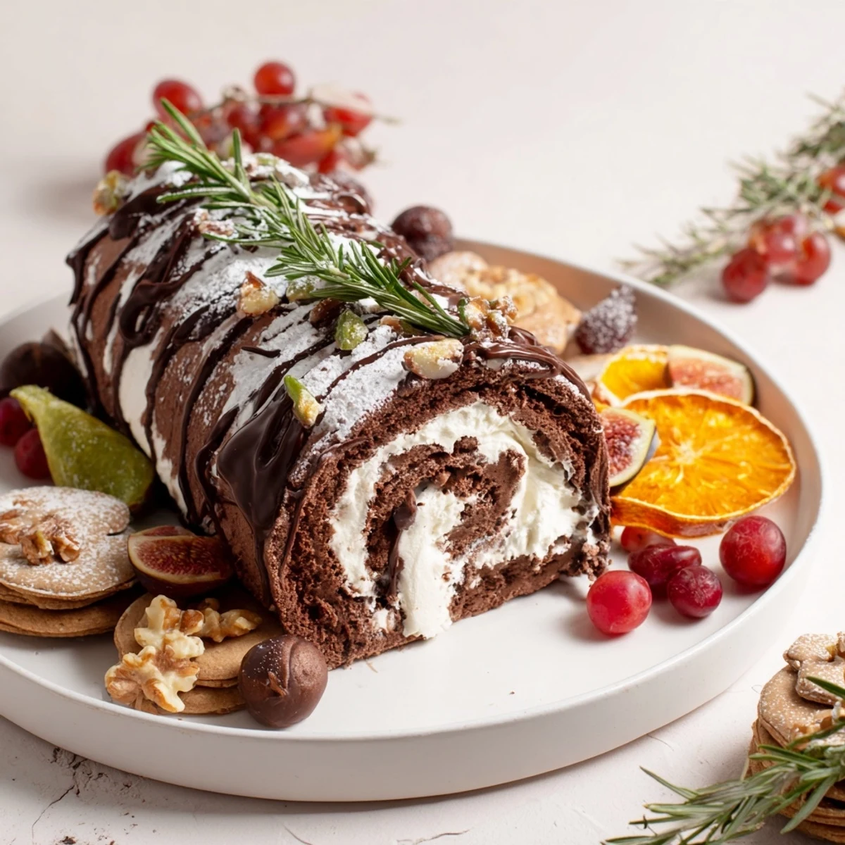 A Winter Warmer Fireplace Log dessert board with chocolate roulade and candied oranges looks delicious.