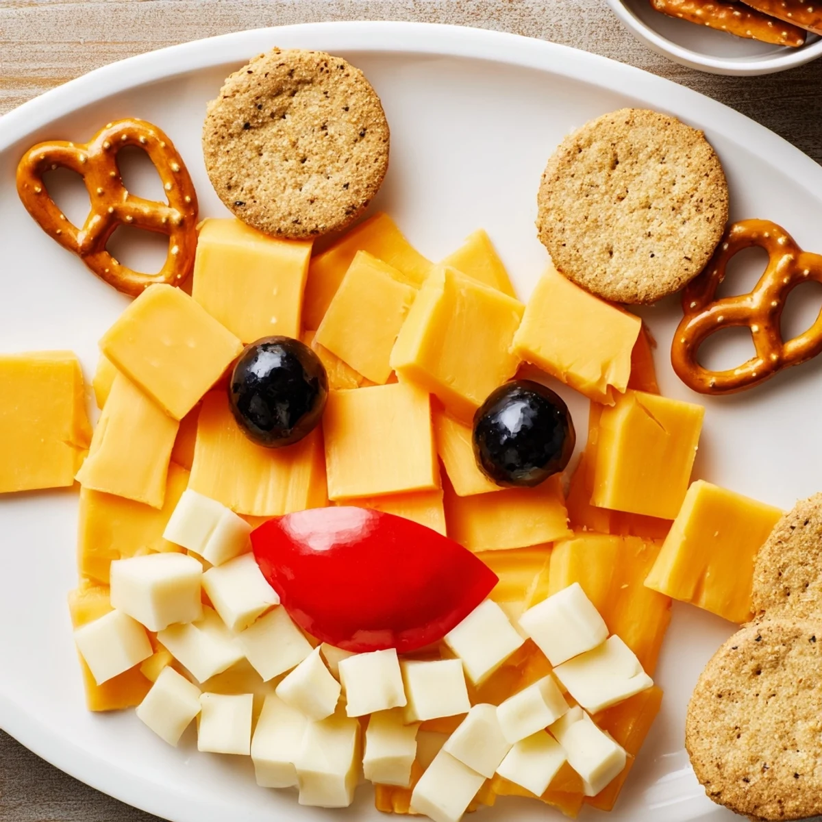 Festive cheesy reindeer face platter with cheddar, mozzarella, and pretzel antlers, ready to eat!