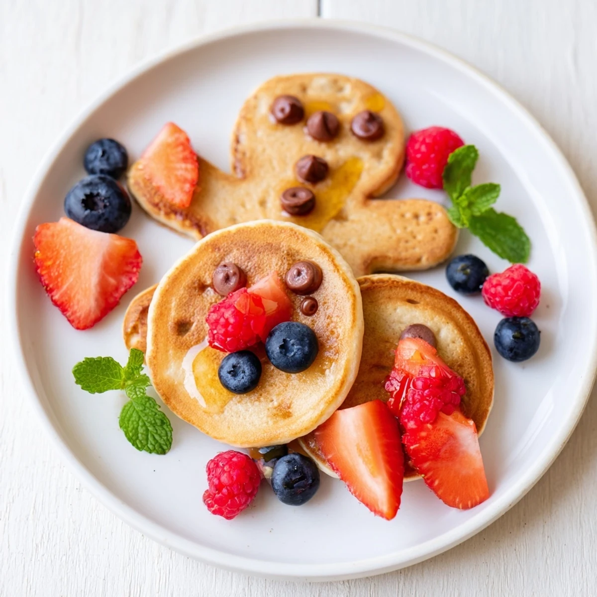 Golden gingerbread boy berry board featuring warm gingerbread pancakes and vibrant red berries, ready to serve.