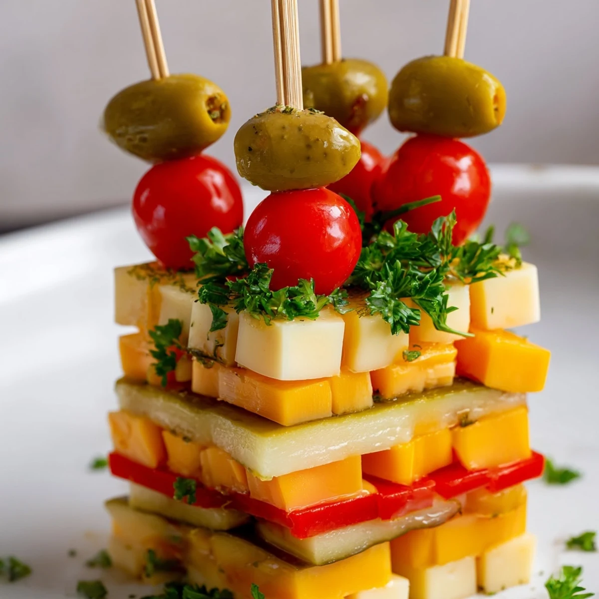 Festive Cube Cheese Stack, colorful cheese cubes stacked with olives and tomatoes, ready to serve at a party.