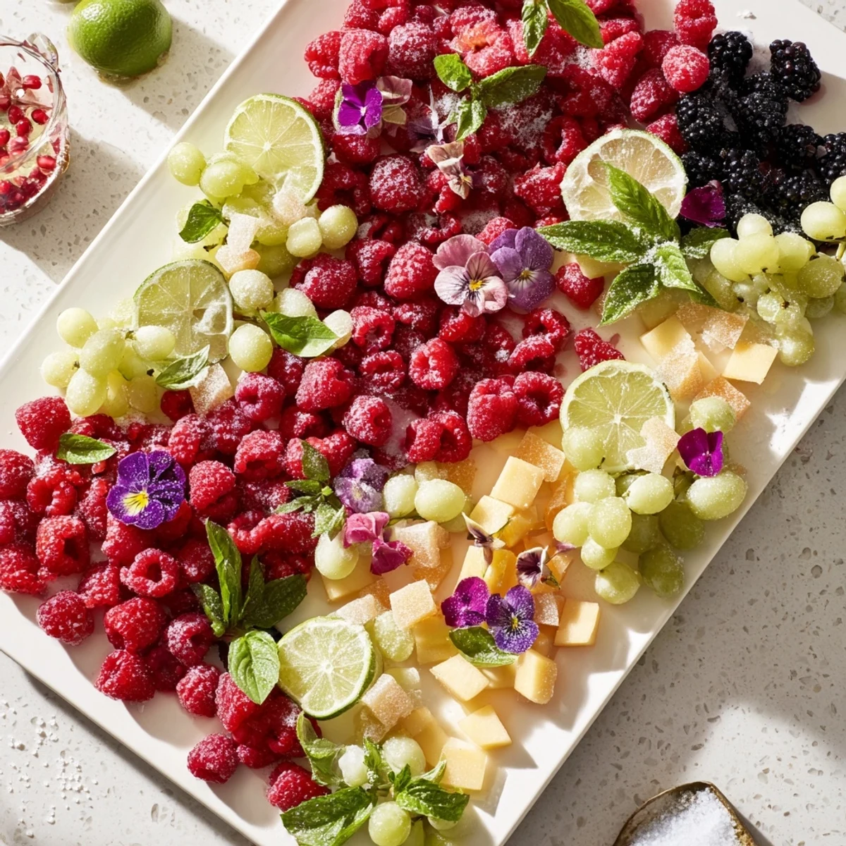 Vibrant Bubbly Bar Garnish Platter overflowing with colorful fruits and fresh herbs, ready to elevate New Year's Eve.