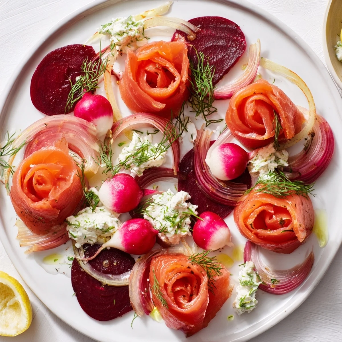 Beautifully arranged Winter Harvest Smoked Salmon Board, brimming with colorful vegetables and creamy cheeses.