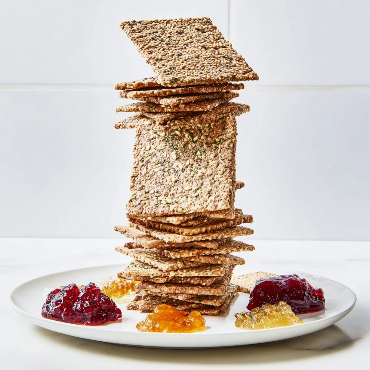 Gourmet Crackers arranged high with colorful preserves, creating a beautiful appetizer tower, ready to serve.