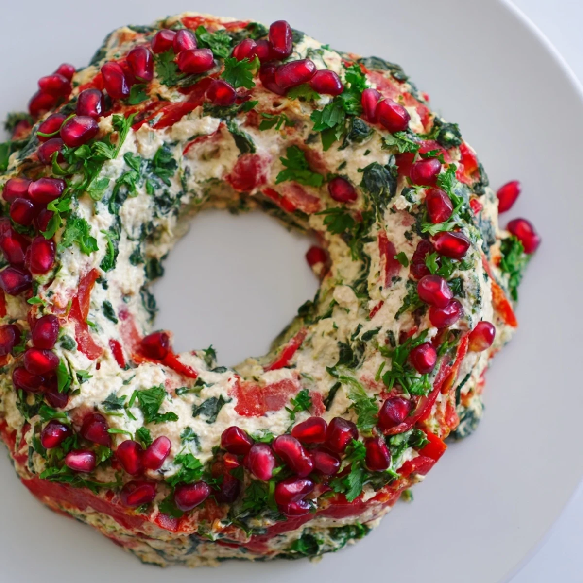 Festive red pepper and spinach dip wreath garnished with vibrant parsley and pomegranate seeds, perfect for entertaining.