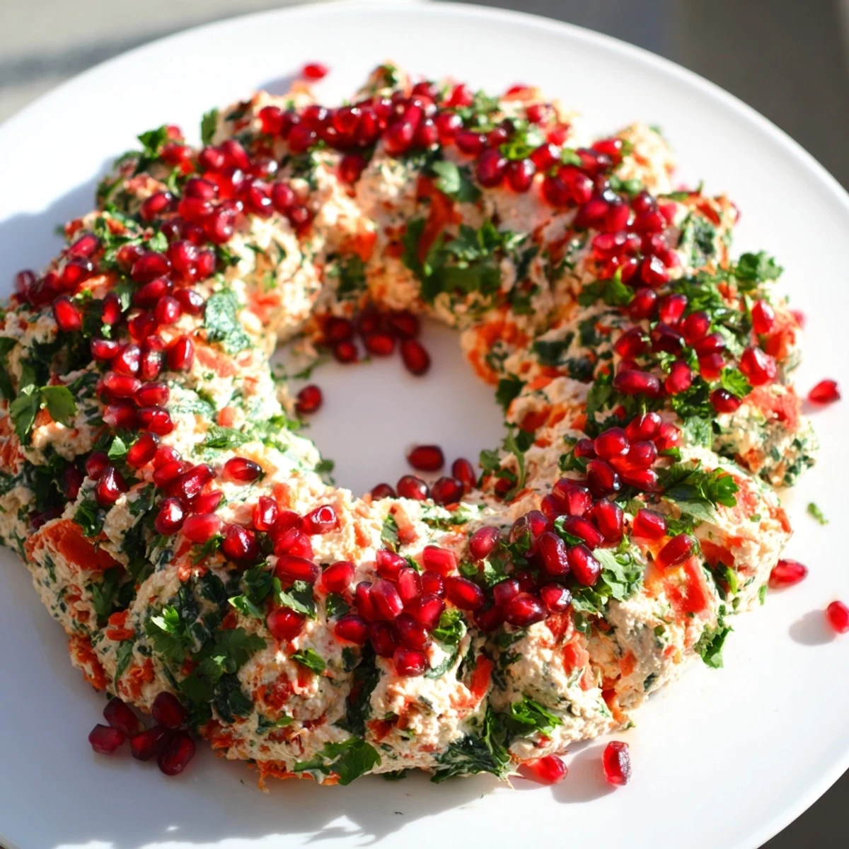 Creamy red pepper and spinach dip wreath appetizer, beautifully arranged with a holly-like garnish for the holidays.