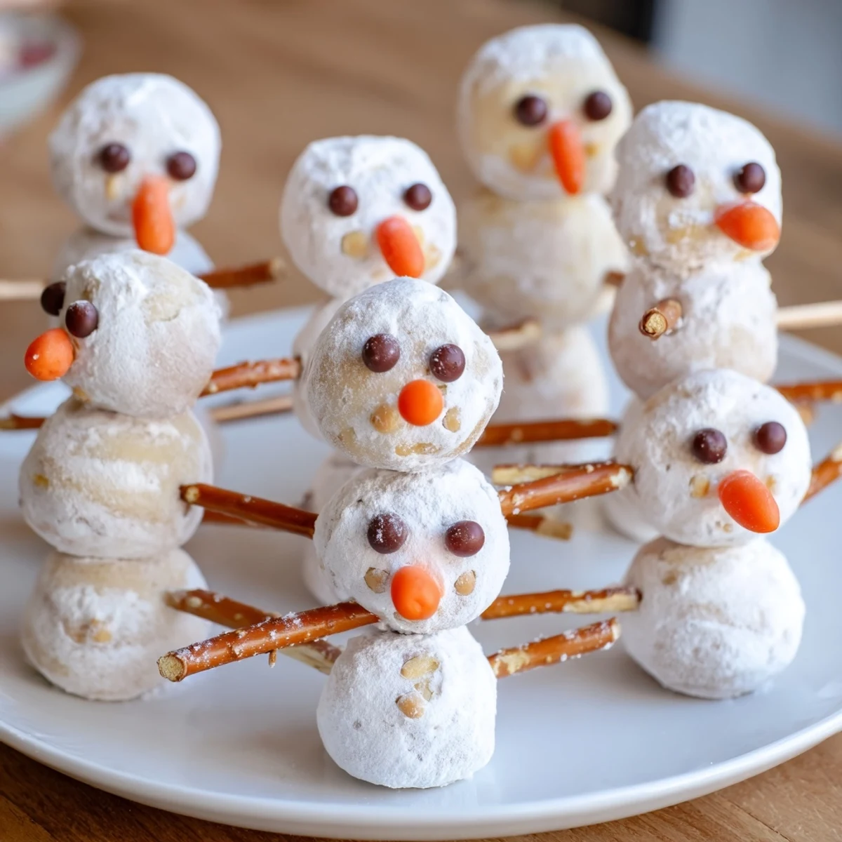Fluffy mini donut snowmen, a delightful kid's snack, skewered and ready for a fun winter treat.