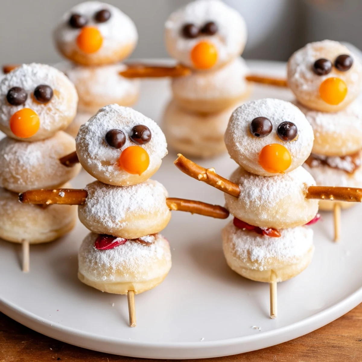 Easy, no-bake recipe: Delightful mini donut snowman creations displayed on a platter, perfect for any winter party.