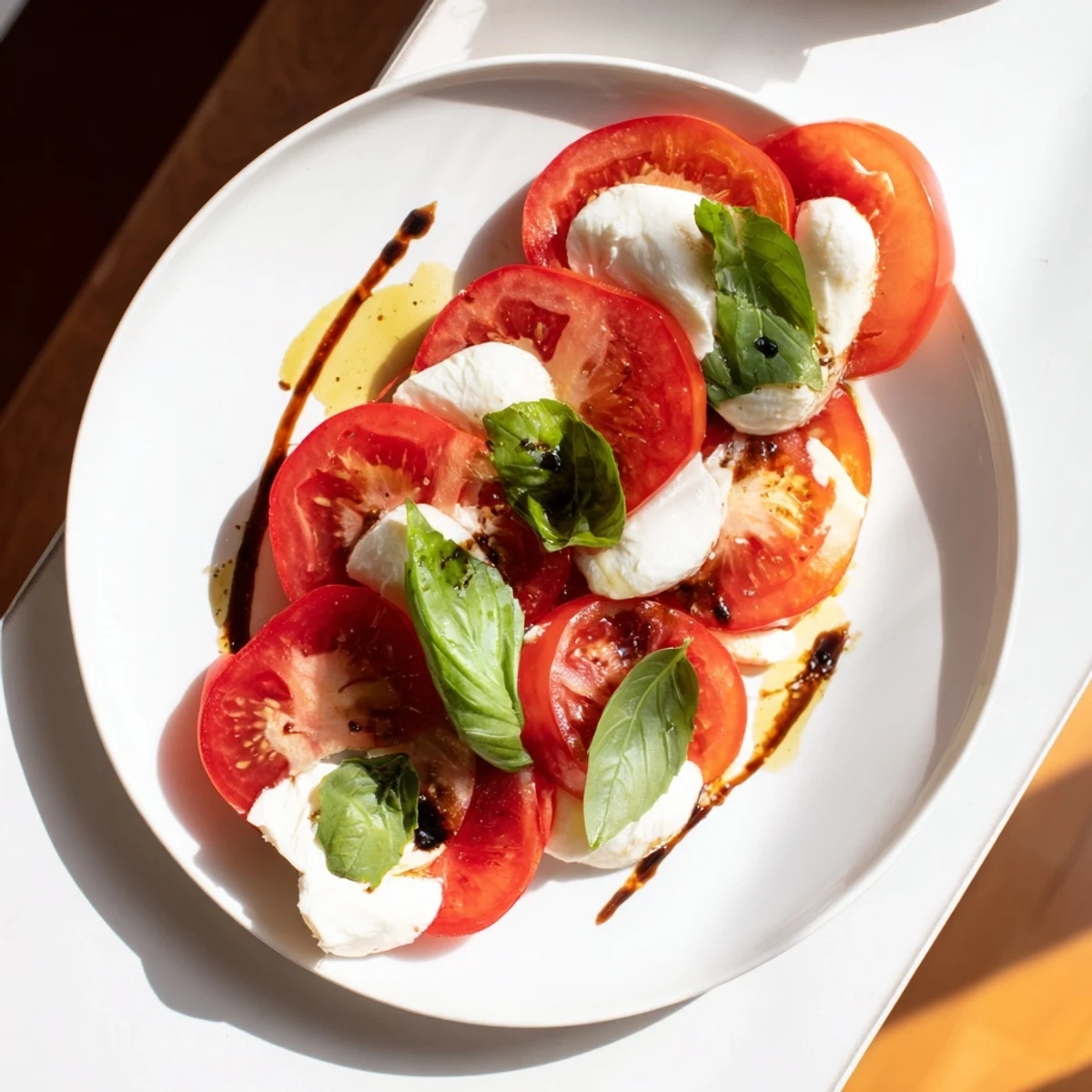 Vibrant photo: perfectly layered sliced tomatoes and mozzarella rounds with basil, ready to eat.