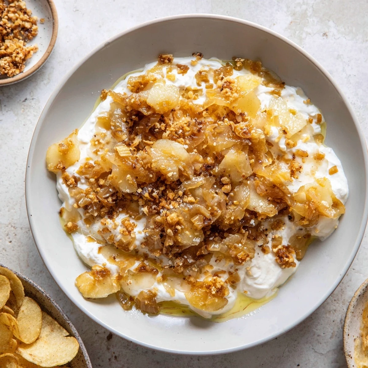 Homemade potato chips and fresh onion dip, a comforting and tangy appetizer often enjoyed.