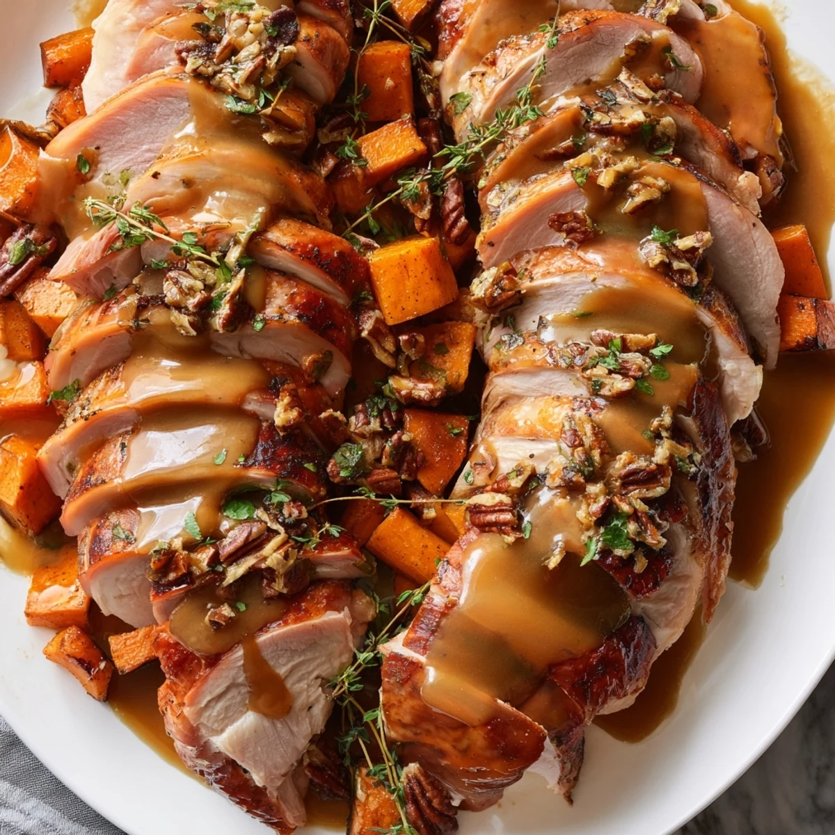 Thanksgiving dinner: Juicy turkey slices in a chain-like presentation, a delicious Chains of the Mayflower recipe.