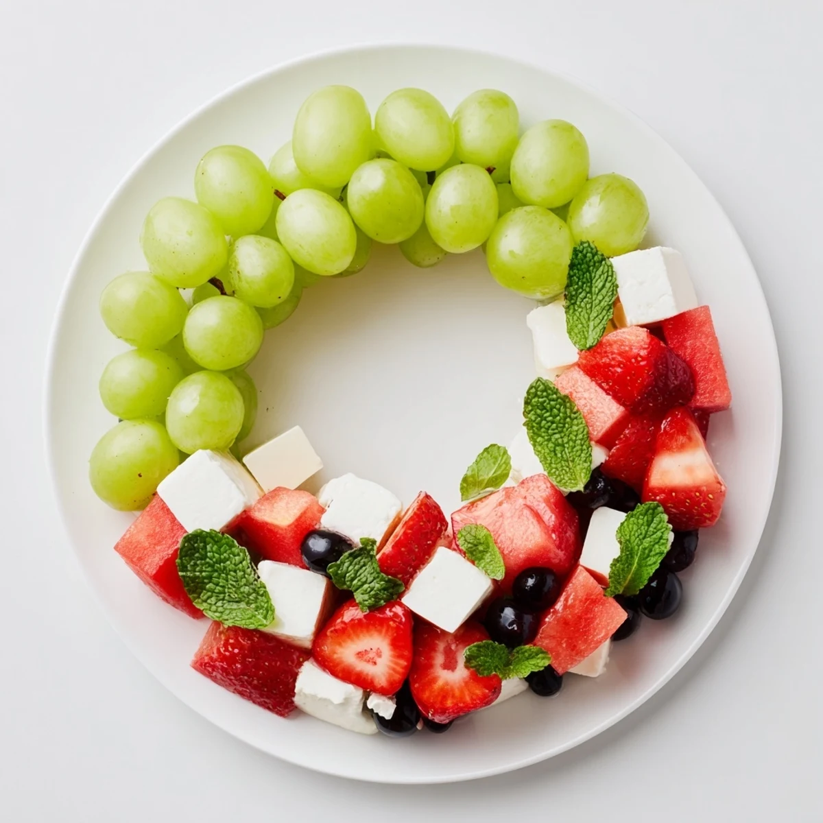 This refreshing watermelon slice appetizer features juicy watermelon, soft cheese, and flavorful green accents.
