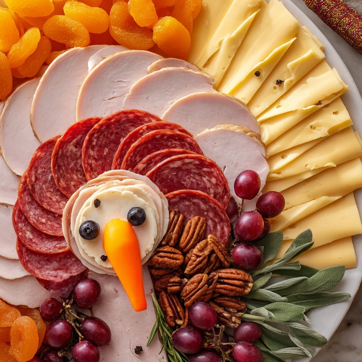 A Thanksgiving-ready turkey tail fan charcuterie board boasts cured meats, cheeses, and fresh garnishes.