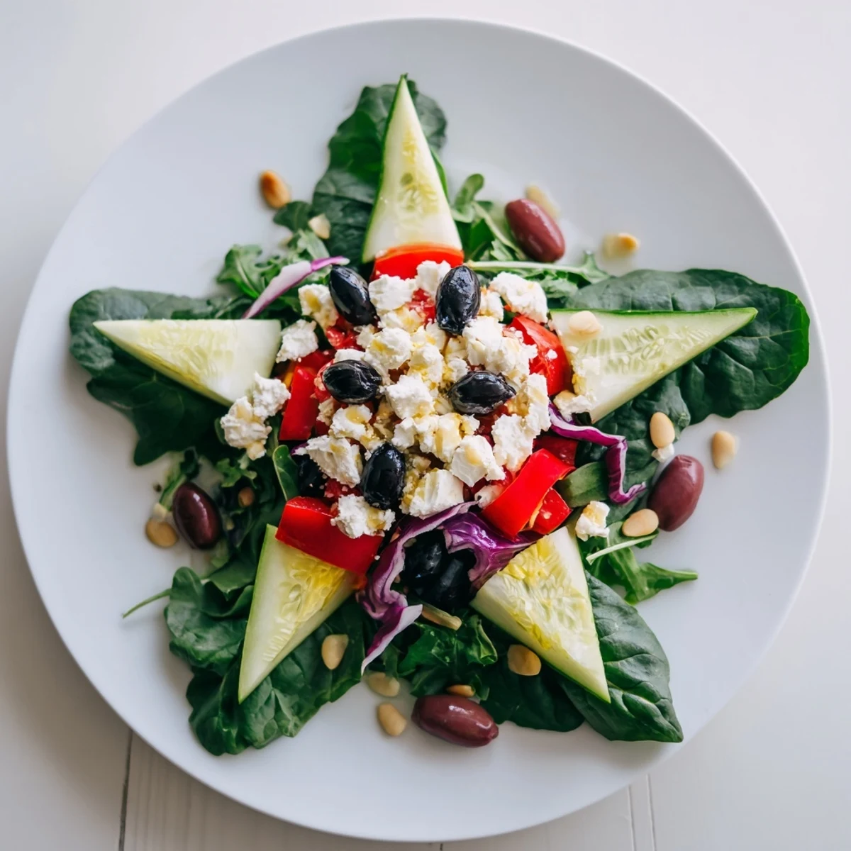 A close-up shot of a Star of David salad with feta cheese and olives, perfect for Hanukkah.