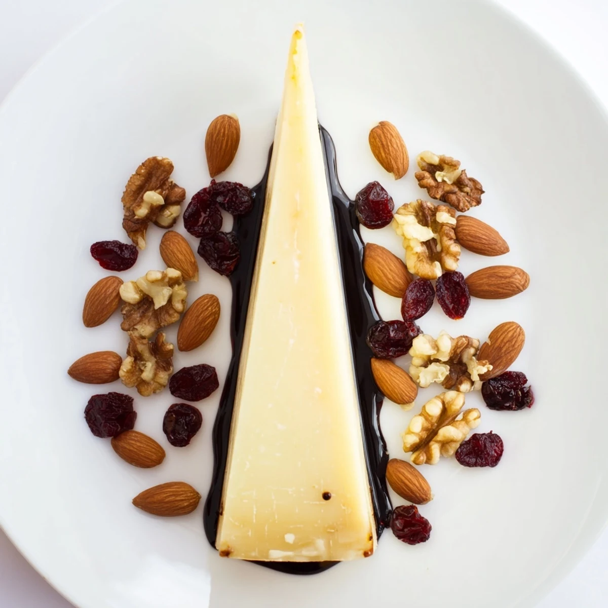 Delicious "The Sundial" cheese board features a sundial of hard cheese surrounded by nuts and balsamic drizzle.