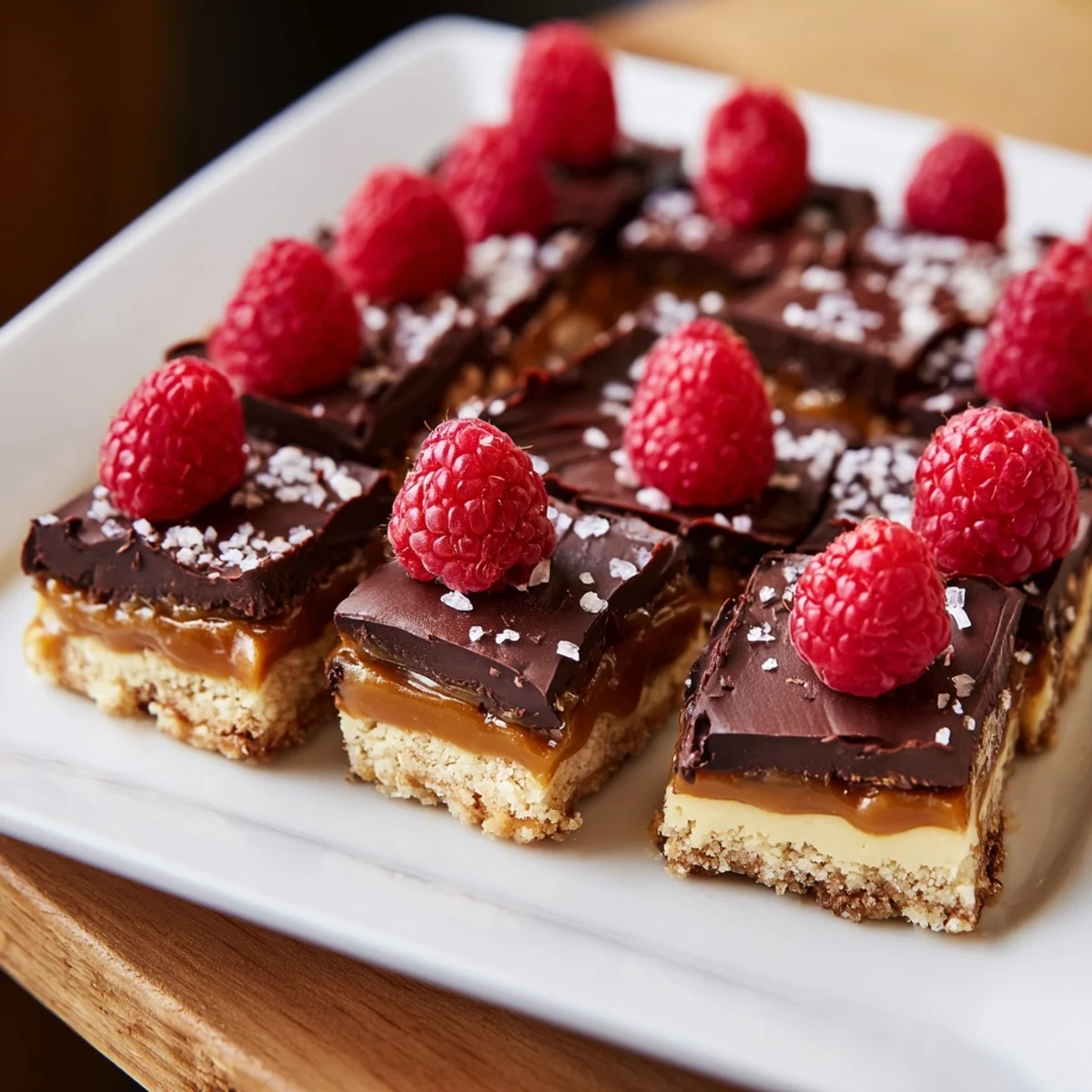 Vibrant squares of The Checkerboard Terrace dessert, with a glossy dark chocolate topping and sea salt.