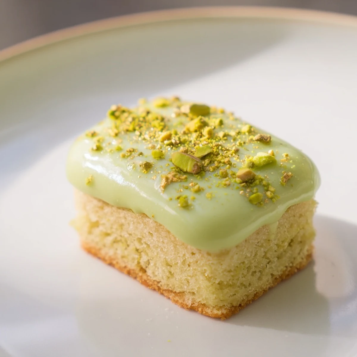 Delicate Grenouille Royale Petits Fours: layers of cake, pistachio cream, glazed, awaiting a fine tea.