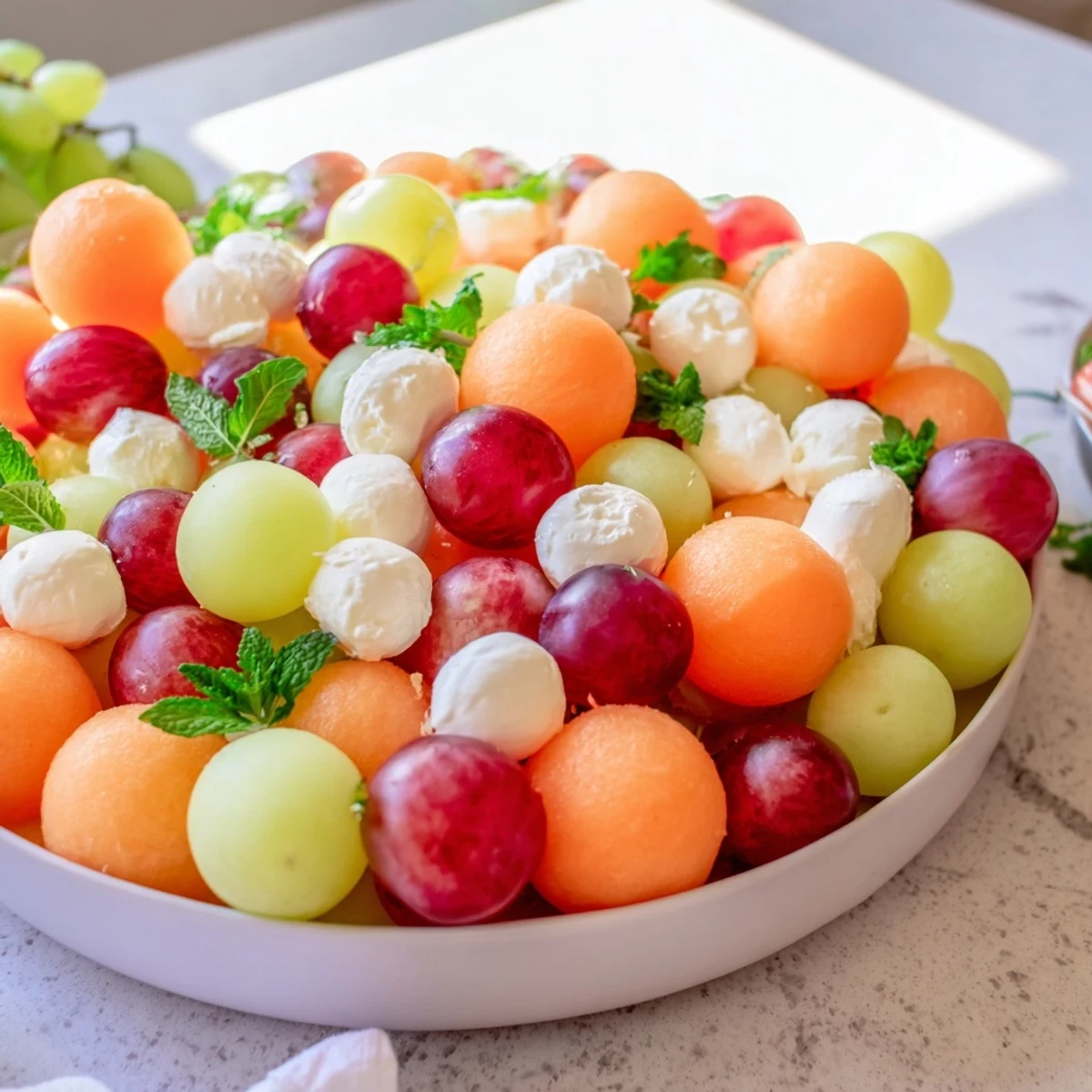 A vibrant Polka Dot Platter appetizer with colorful fruit and cheese spheres, ready to enjoy.
