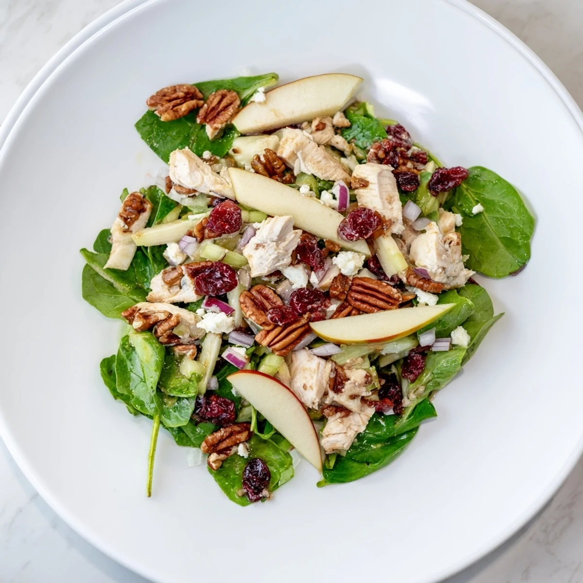 Chicken and Apple Winter Salad: A close-up of the flavorful salad with vibrant apples and shredded chicken.