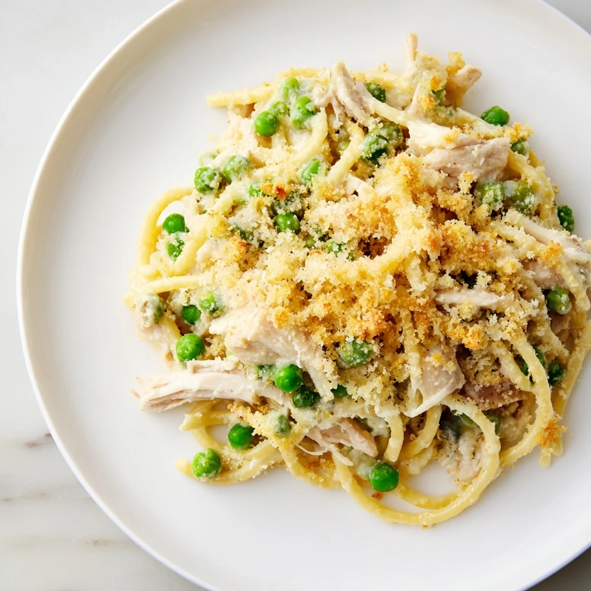 A steaming bowl of comforting Turkey/Chicken Tetrazzini Bake, showcasing the delicious, cheesy pasta layers.