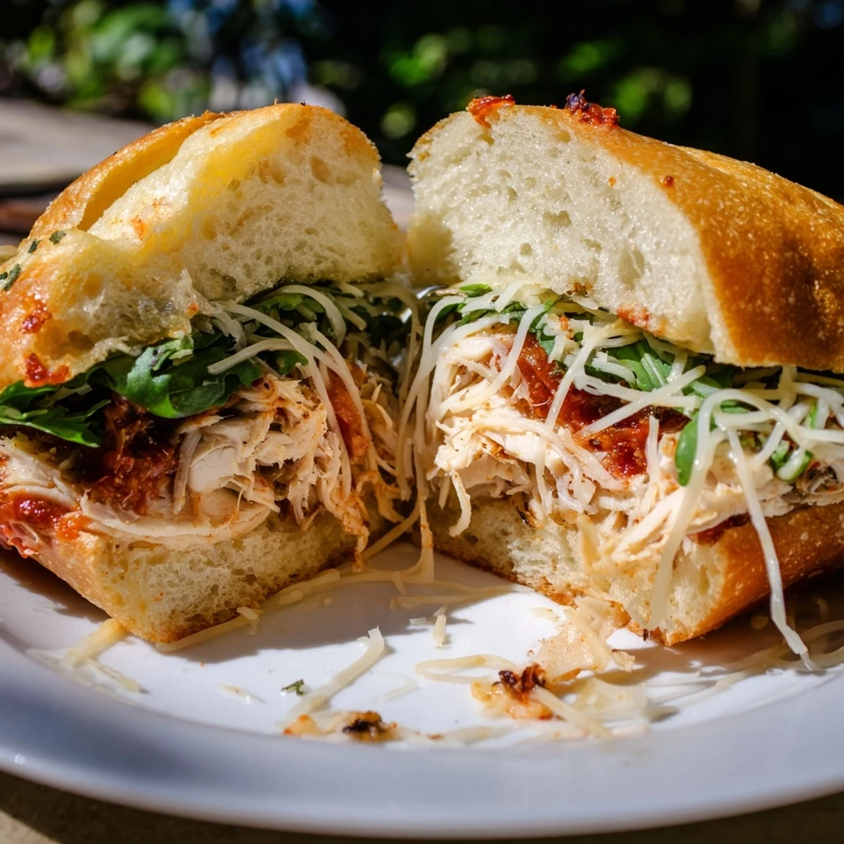 Melted cheese and juicy chicken filling a Leftover Pizza Chicken Sandwich, ready to eat.