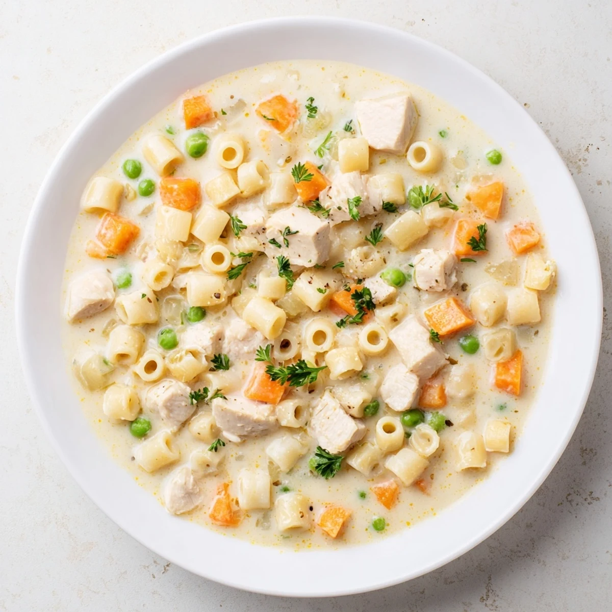 Ditalini pasta and chicken simmer in rich broth to create this hearty Chicken Pot Pie Pasta Soup.