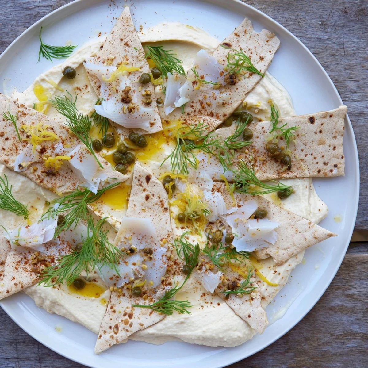 Delectable Driftwood Beach appetizer: fresh dill, smoked fish, and sesame seeds atop creamy hummus.
