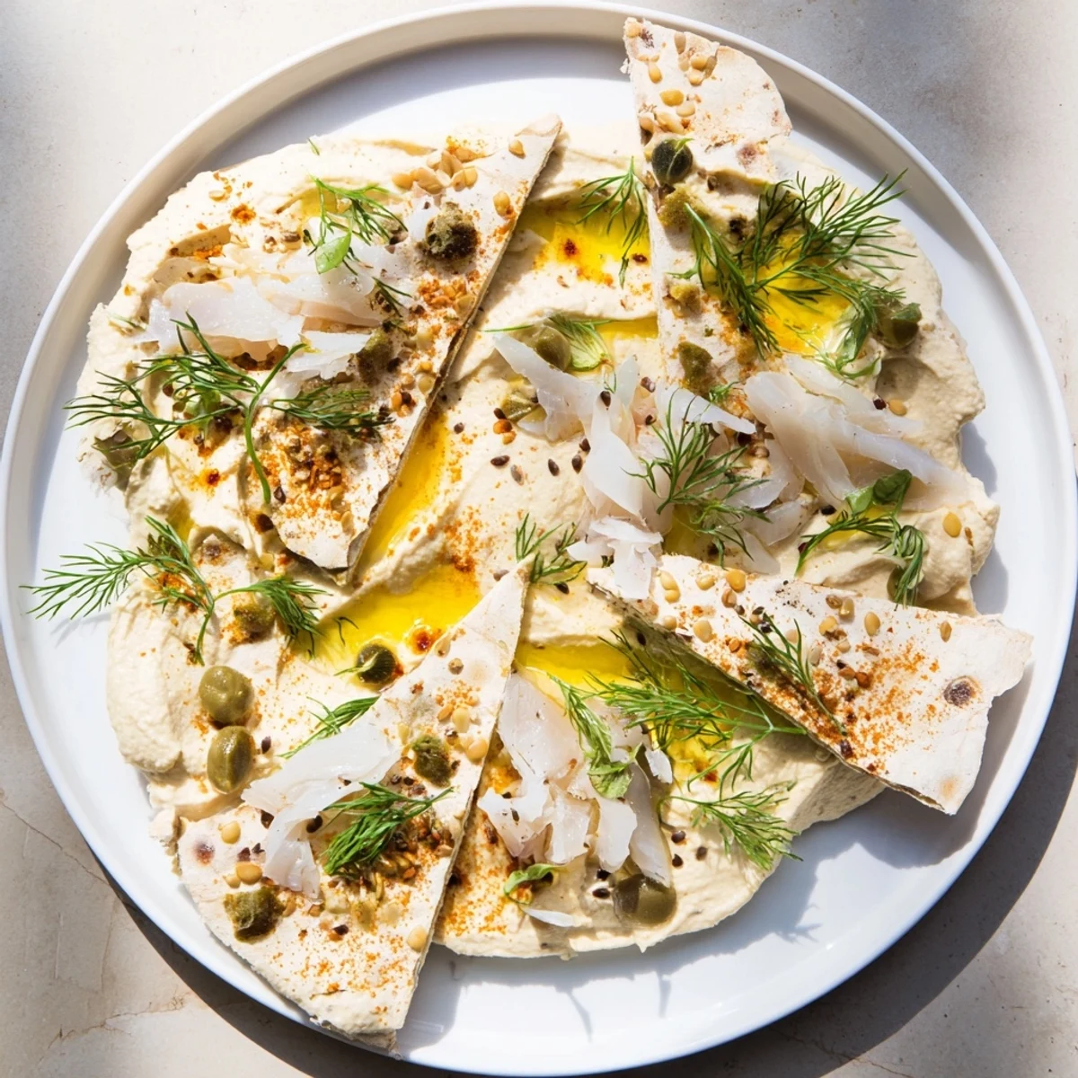 Salty smoked fish and crackers create a stunning visual of the Driftwood Beach appetizer on a platter.