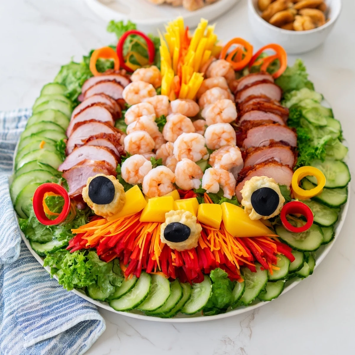 Vibrant Lunar New Year Dragon Platter with colorful peppers, shrimp, and sauces, ready to serve.