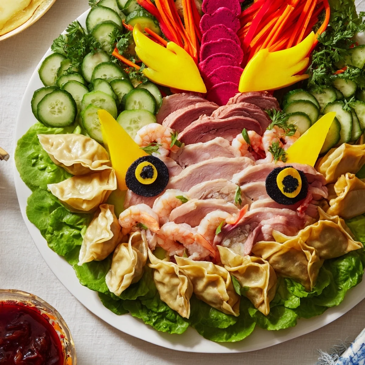 A festive Lunar New Year Dragon Platter features cooked shrimp, char siu, and potstickers arranged creatively.