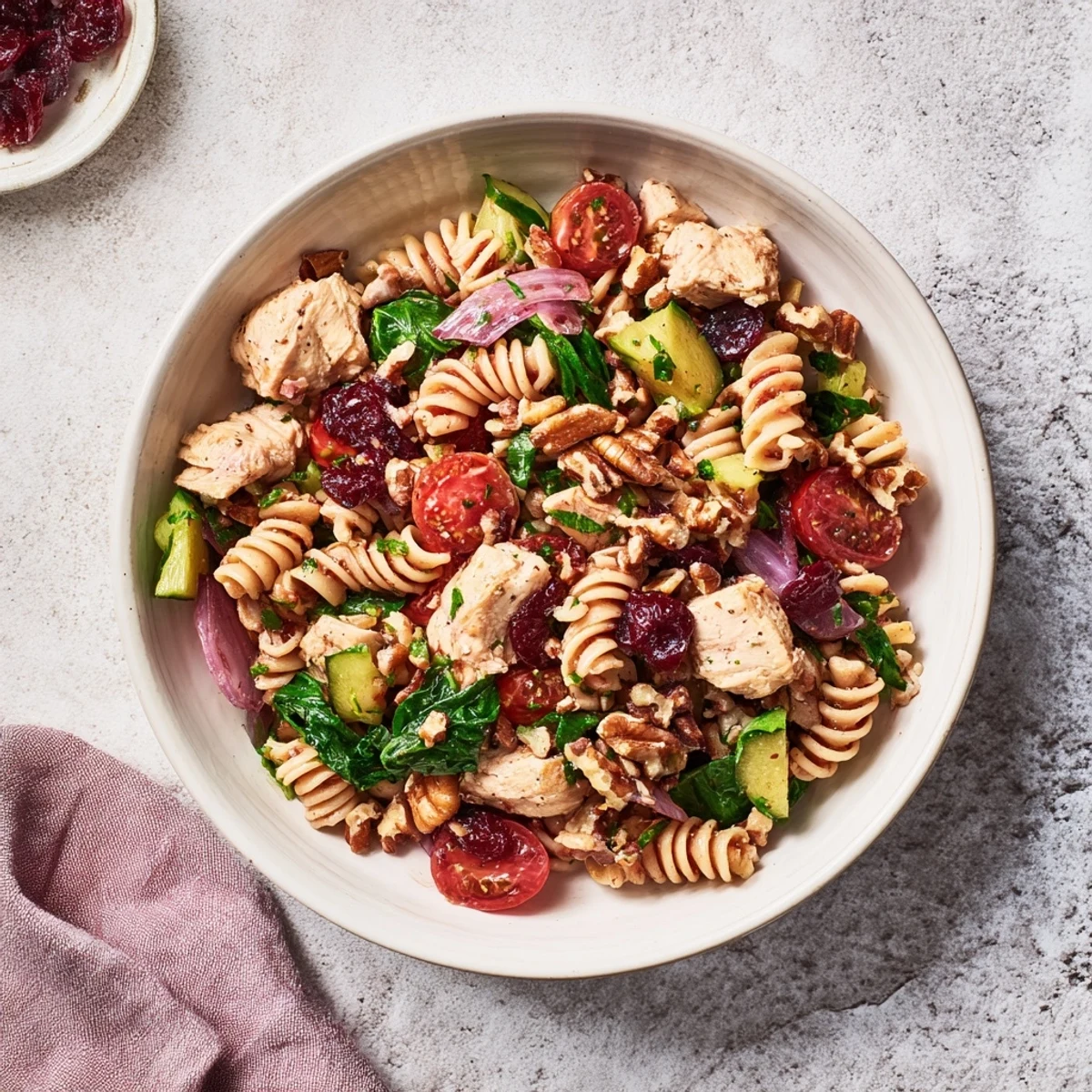 Pasta Salad with Cranberry Vinaigrette: A colorful bowl of chilled pasta tossed in a tangy dressing.
