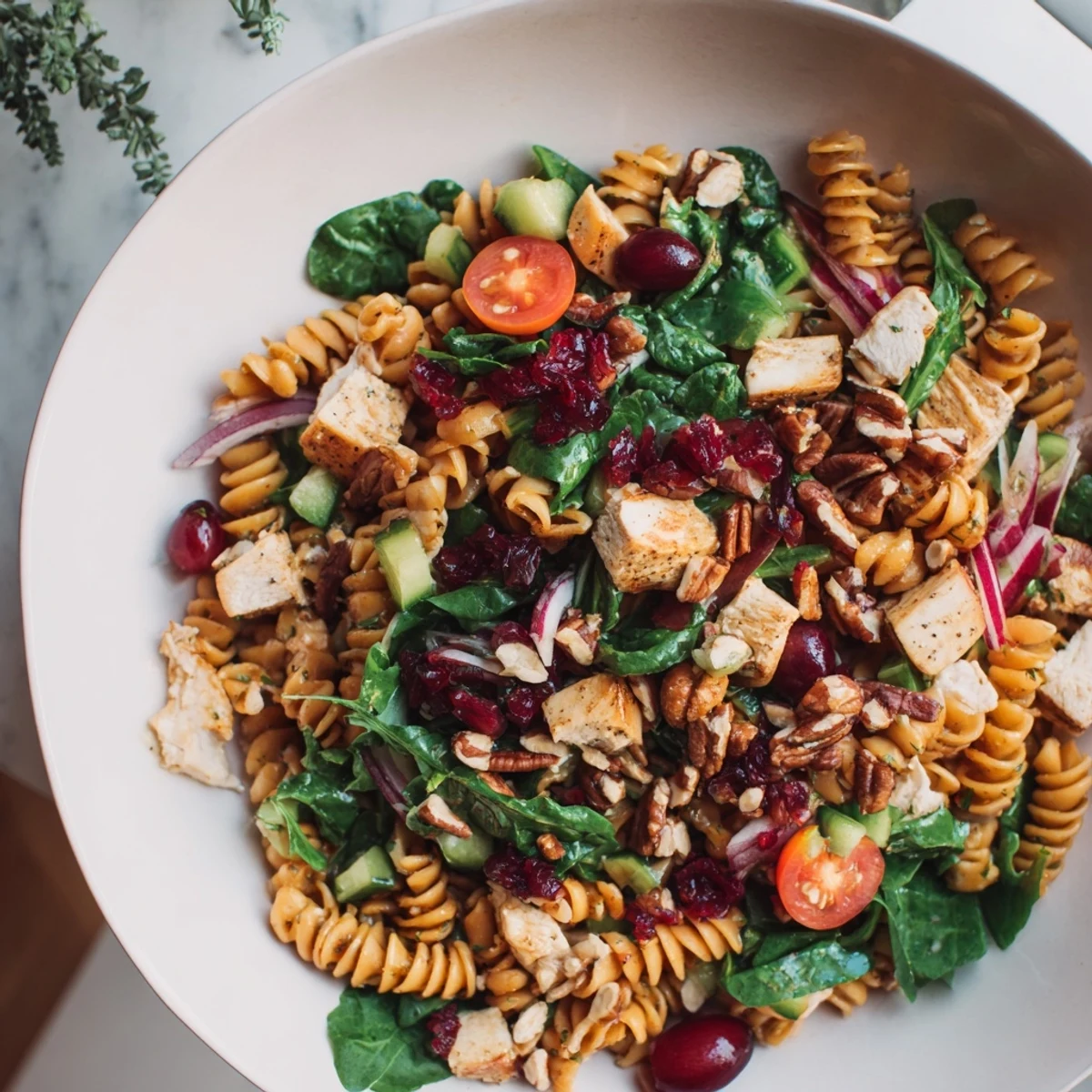 Refreshing Pasta Salad with Cranberry Vinaigrette, featuring juicy chicken and vibrant vegetables, ready to eat.