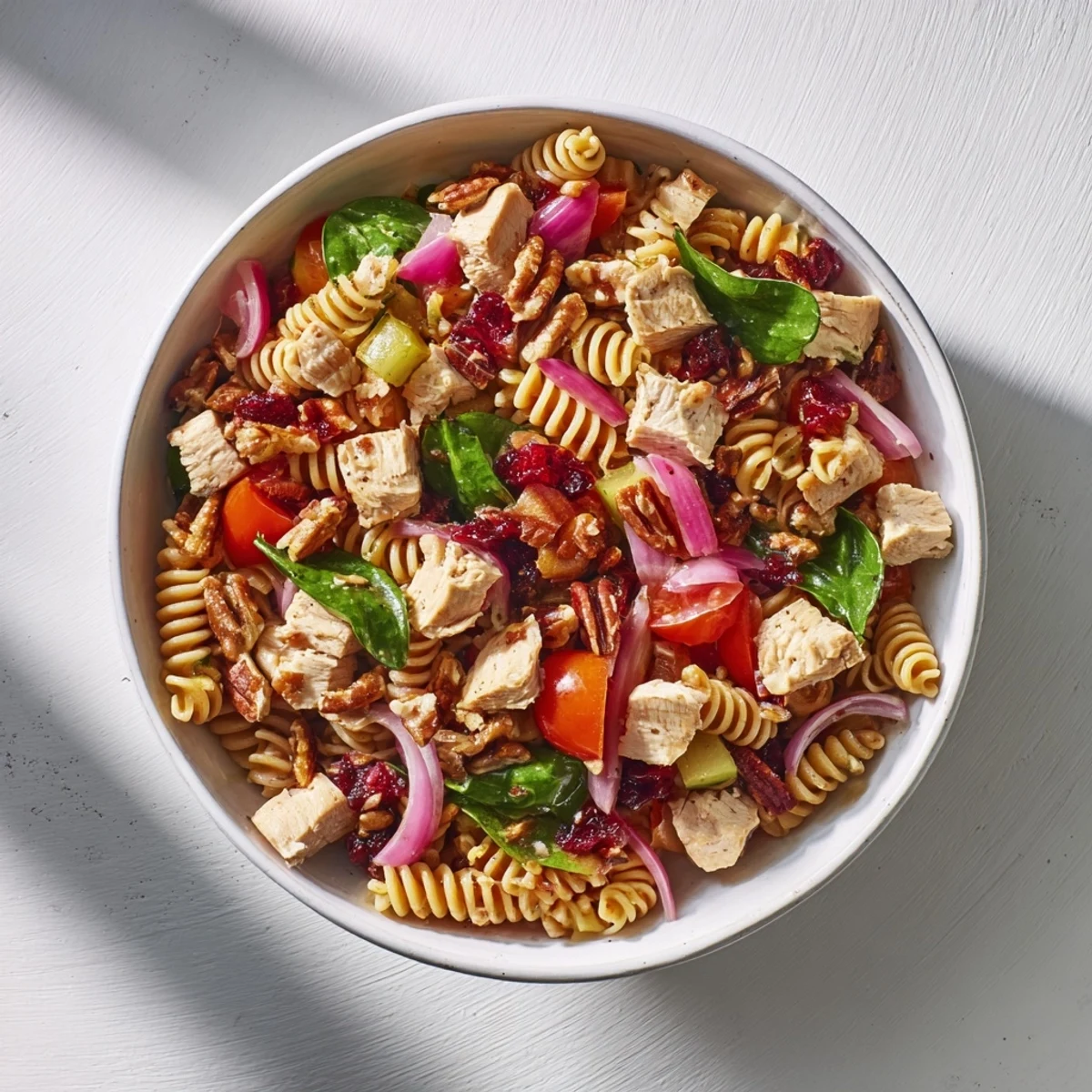 Close-up of a flavorful Pasta Salad with Cranberry Vinaigrette, perfect for a light, delicious meal.