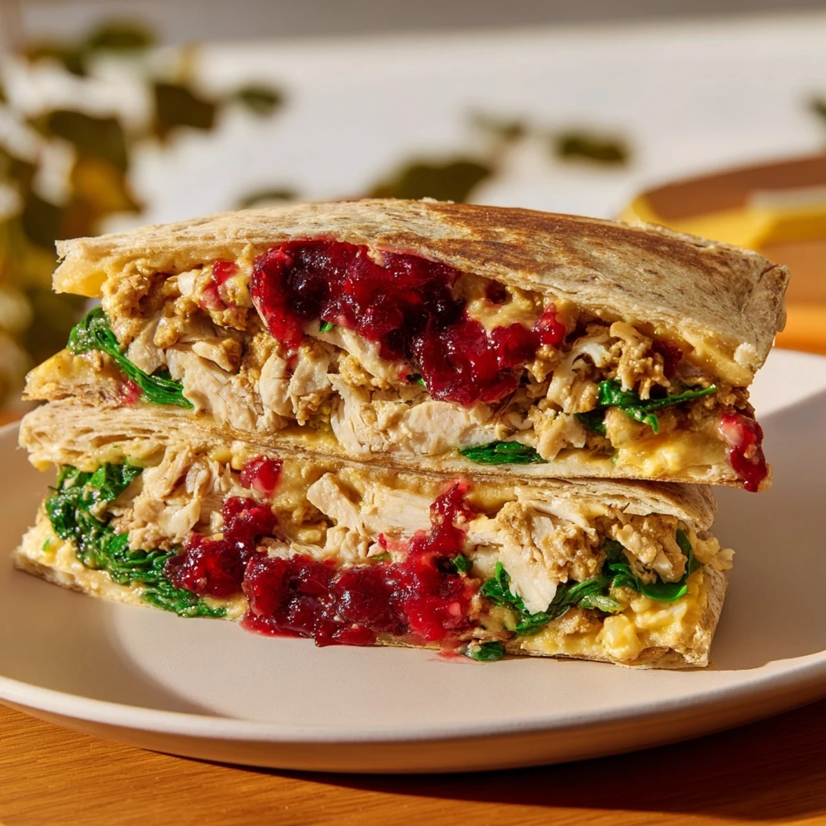 A close-up of a perfectly toasted Moist Maker Chicken Wrap, oozing with savory gravy and filling.