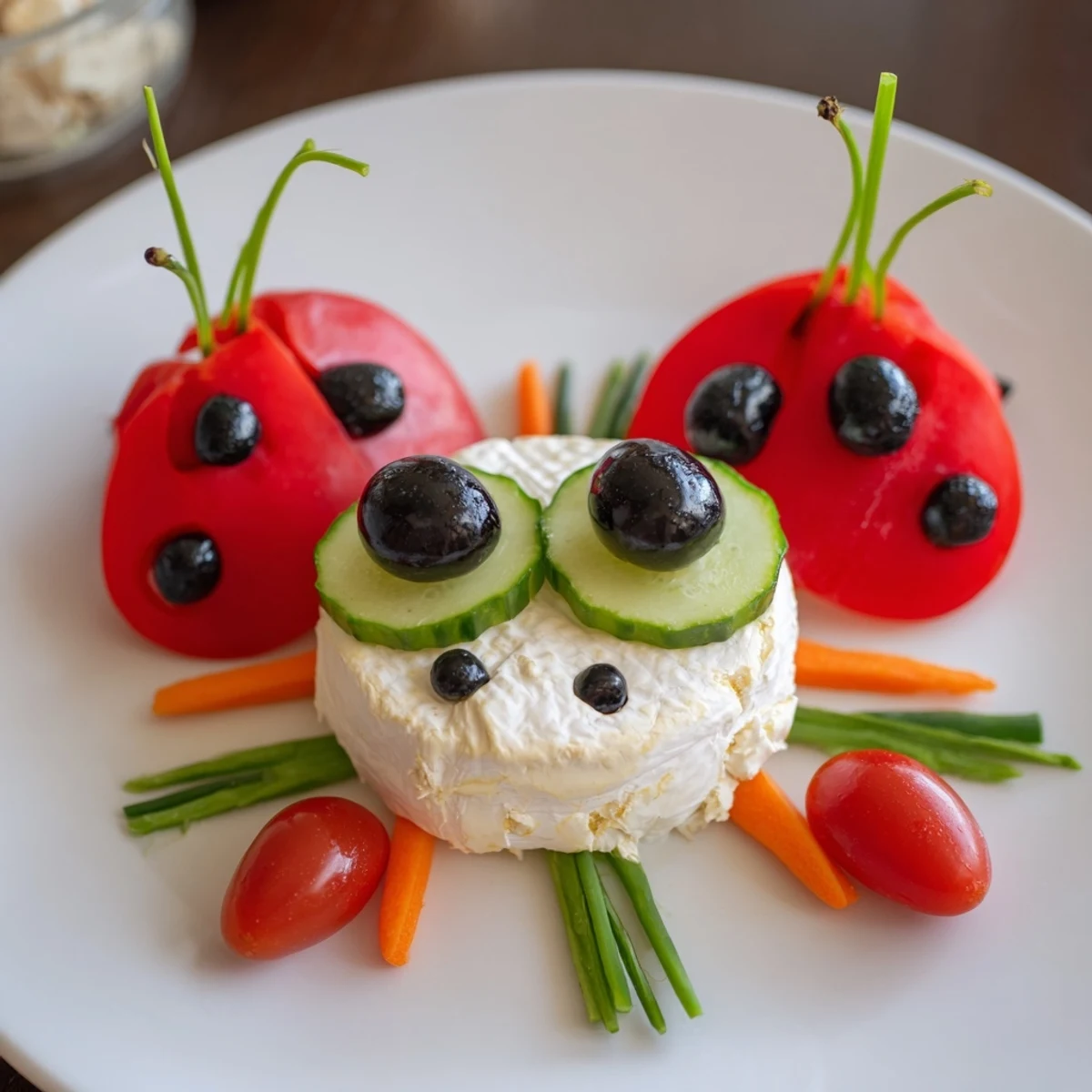 Bright red bell pepper ladybug wings adorn this Coccinelle Amusante Planche Pique-Nique appetizer serving.
