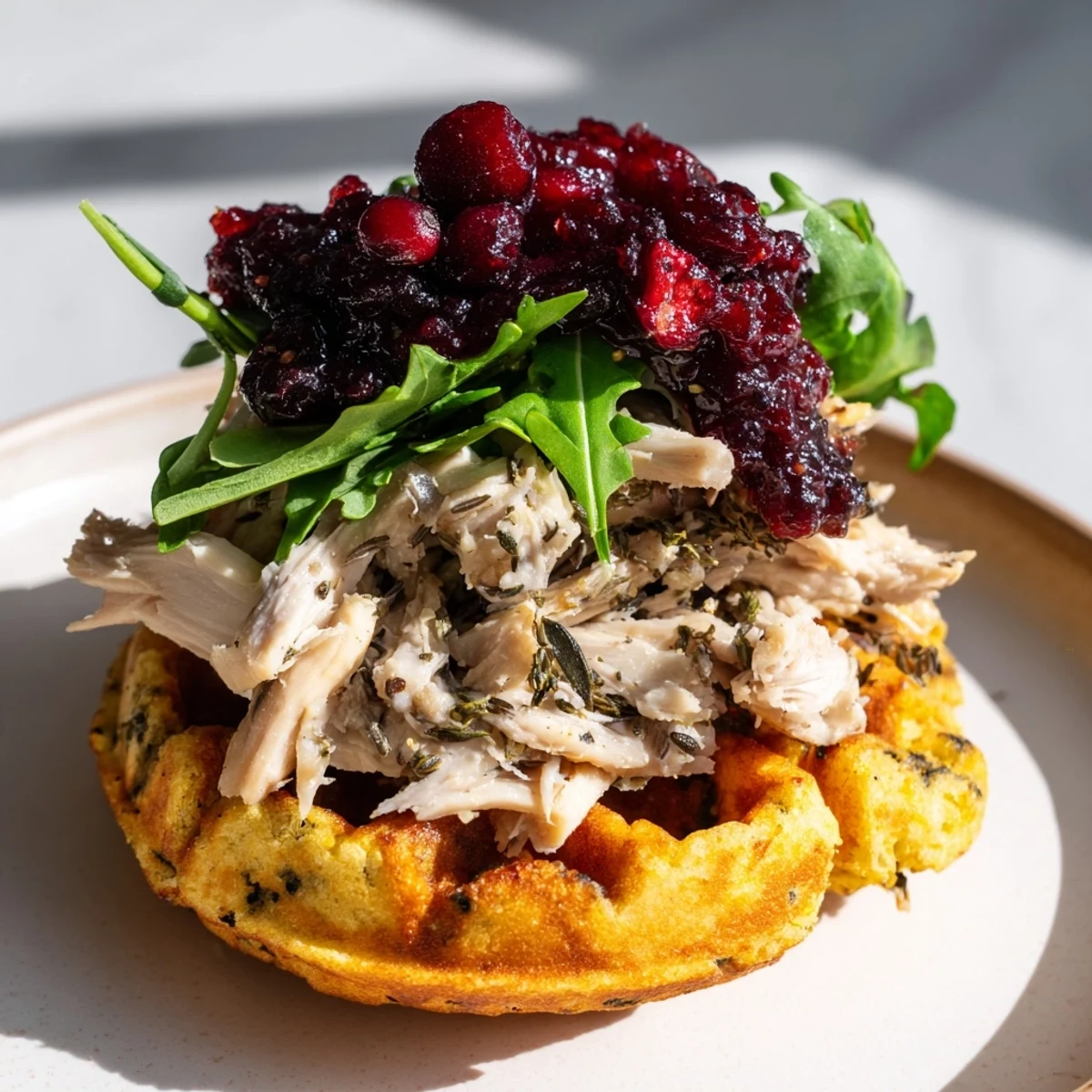 A close-up of Stuffing Waffle Chicken Sliders reveals the juicy chicken and cranberry mayo filling.