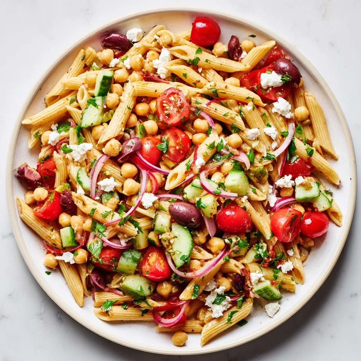 Vibrant Mediterranean pasta salad with chickpeas, feta crumbles, and fresh vegetables make a colorful dish.