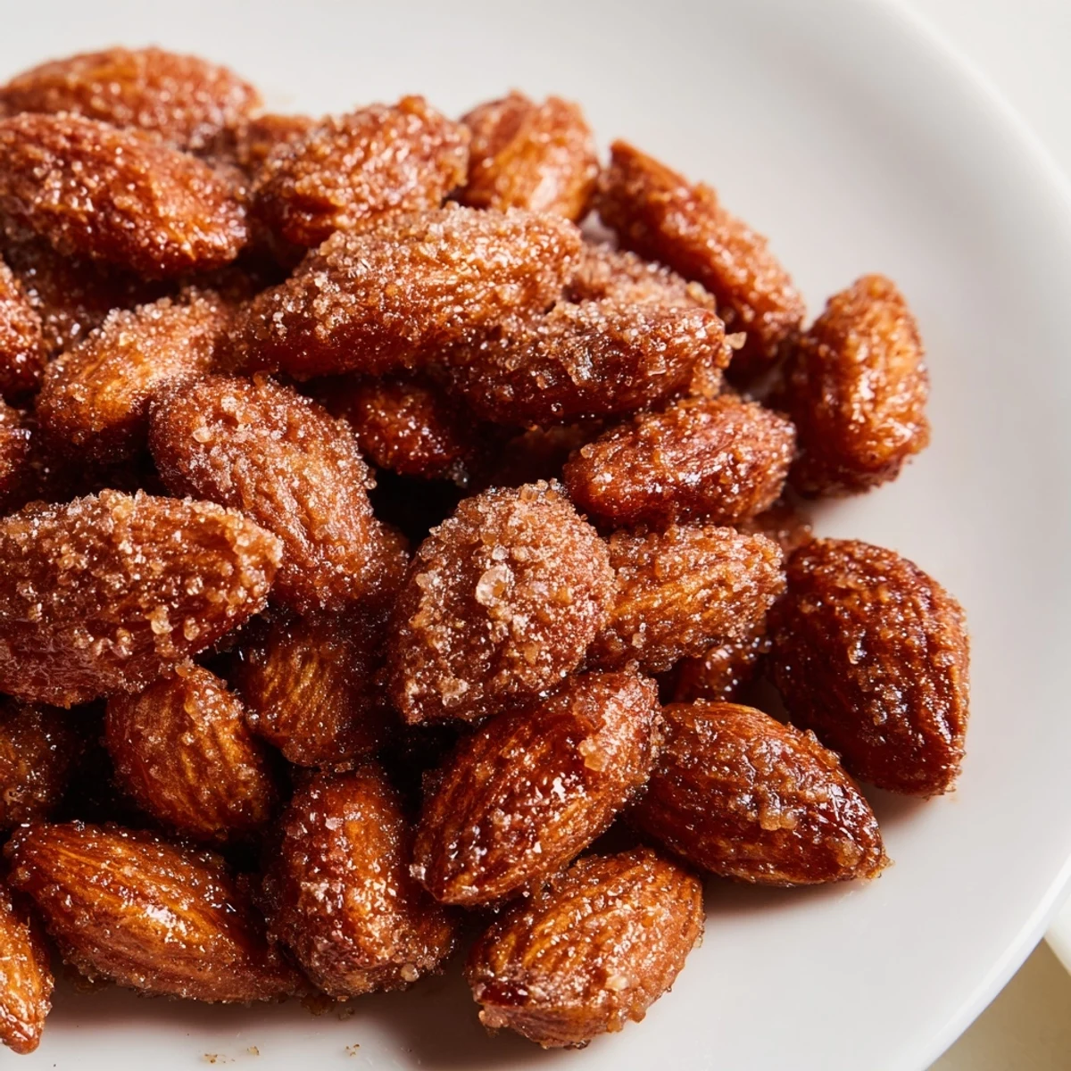 Golden-brown cinnamon roasted almonds, offering a sweet and spiced crunch, ready for sharing.