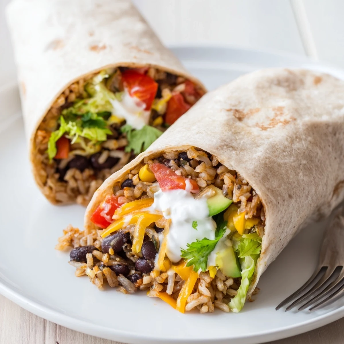 Close-up of a flavorful Smoky Black Bean Burrito, packed with fresh ingredients, perfect for lunch.