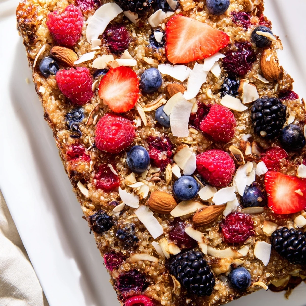 Golden-brown Berry Quinoa Breakfast Bake: a sweet, wholesome breakfast casserole with a lightly crisp top.