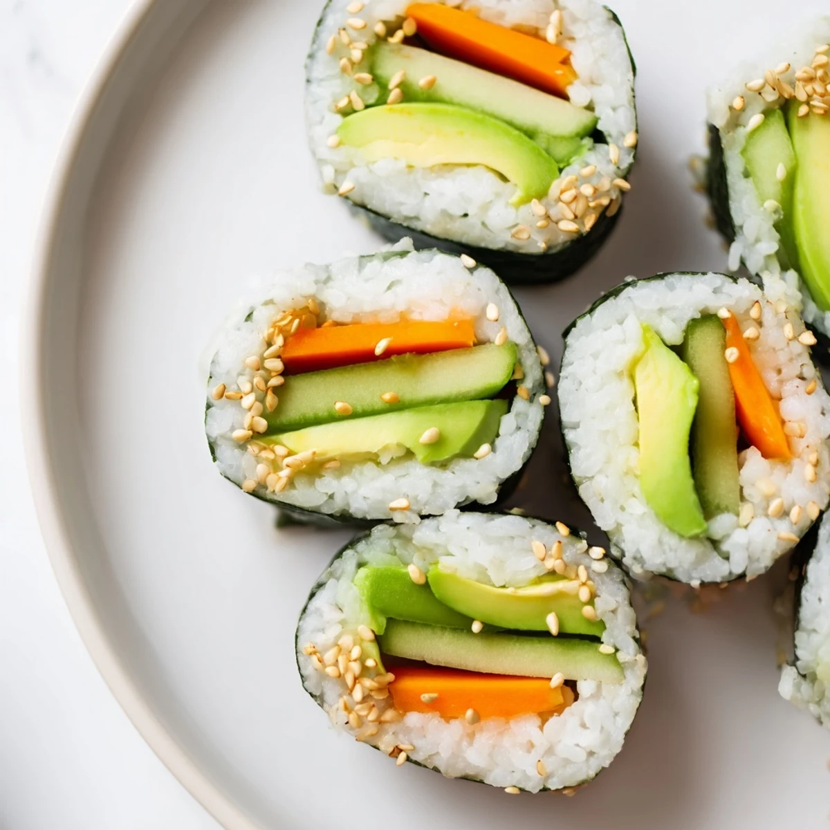 Vibrant avocado cucumber sushi, showcasing the creamy avocado and crispy cucumber atop sushi rice.